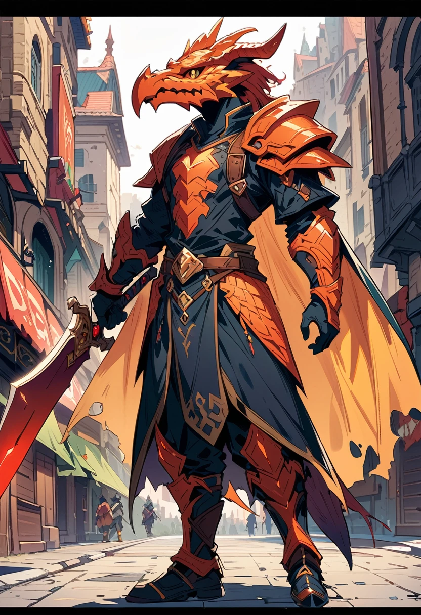 DnD character design, A fantasy warrior wearing a dragon head helmet and orange scales, holding a sword in hand, stands on the city street., green , Black leather gloves, Highly detailed, in fantasy style,Red-black body