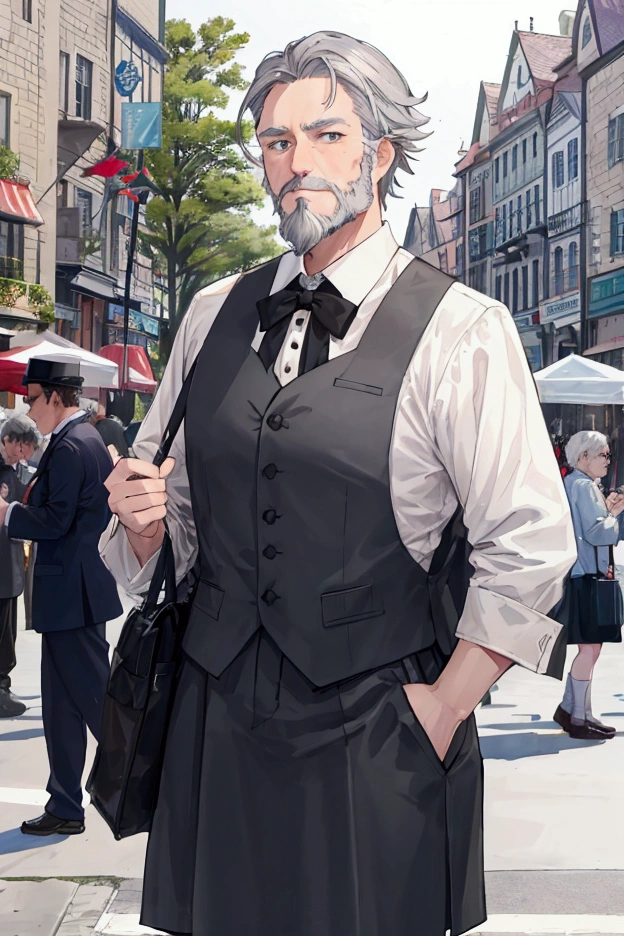 Short-haired middle-aged man with grey hair、Dressed as an adventurer、Short Beard、Center Parting、Town Square、In front of a large crowd of residents、Scene reporting danger、