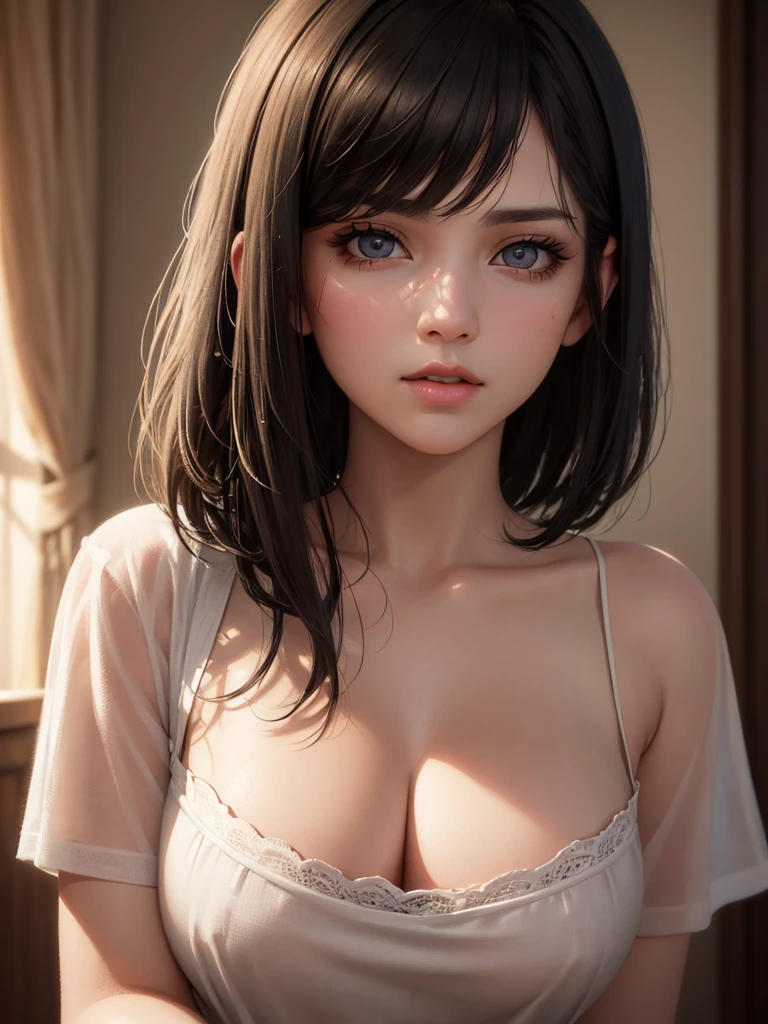 A beautiful girl with messy black hair in a bob cut, wearing a white t-shirt and loose black shorts, her pink bra visible underneath the t-shirt with cleavage, in a realistic living room background, (best quality,4k,8k,highres,masterpiece:1.2),ultra-detailed,(realistic,photorealistic,photo-realistic:1.37),detailed eyes,detailed lips,extremely detailed face,longeyelashes,1girl,oil painting,chiaroscuro lighting,warm color tones,detailed fabric textures