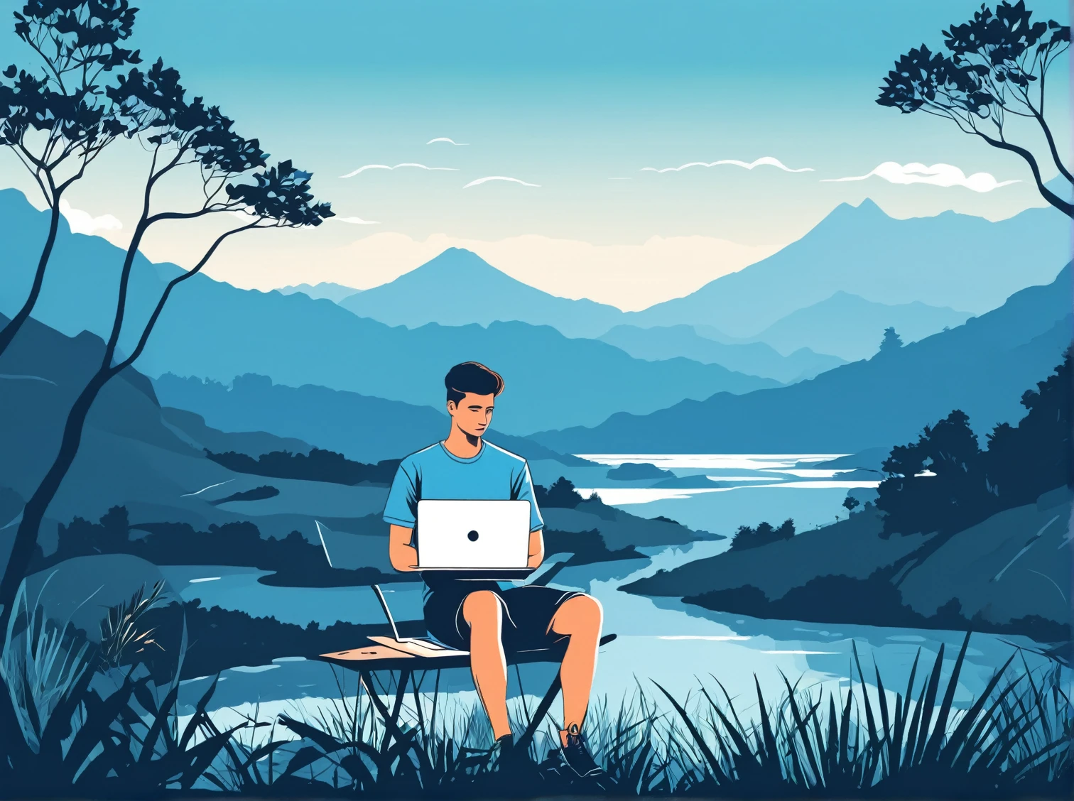 a young man working on a laptop in a nature landscape, remote work, summer, vector illustration, minimalistic art, blue t-shirt
