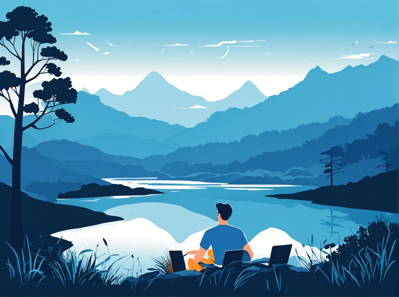 a young man working on a laptop in a nature landscape, remote work, summer, vector illustration, minimalistic art, blue t-shirt