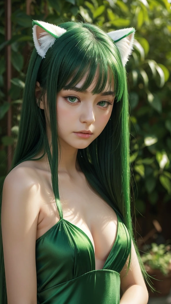 a girl.  face sent feeling.  Europe.  Oval face.  long face.  delicate facial features.  partially closed eyes.  seductively seductive.  very white skin.  green eyes.  long straight hair.  green hair.  Fake cat ears on head.  sad expression.  green silk nightgown.  straight face.  shy posture.  outdoor