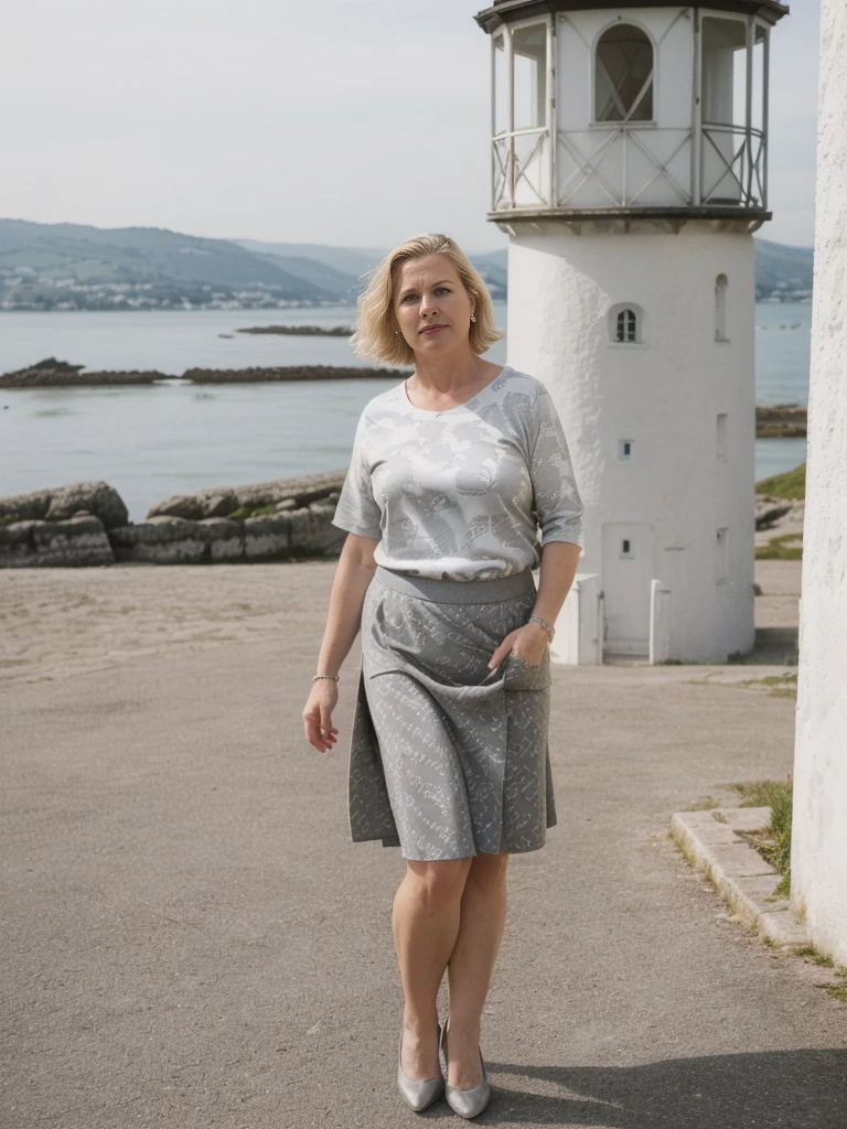 her name is Amélie, high quality, ((mature)), ((white pale skin)), 1girl, ((40-year-old chubby Swiss woman)), ((40 years old)), ((chubby)), ((CRANKY short BLONDE)), pose: sensual, wearing stylish (((wearing stylish grey printed modern wear and skirt))), ((BACKGROUND: strolling through a lighthouse at dawn in the south of France))