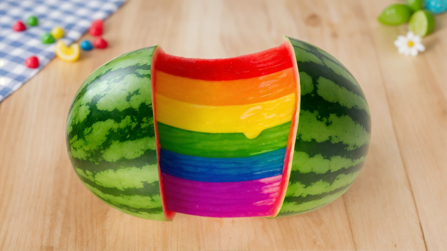 on a wooden table, Watermelon divided into two parts, Rainbow cream flows out of watermelon rind, bright lighting, Realistic style , realistic texture, detailed texture, a high resolution, high quality, macro photography