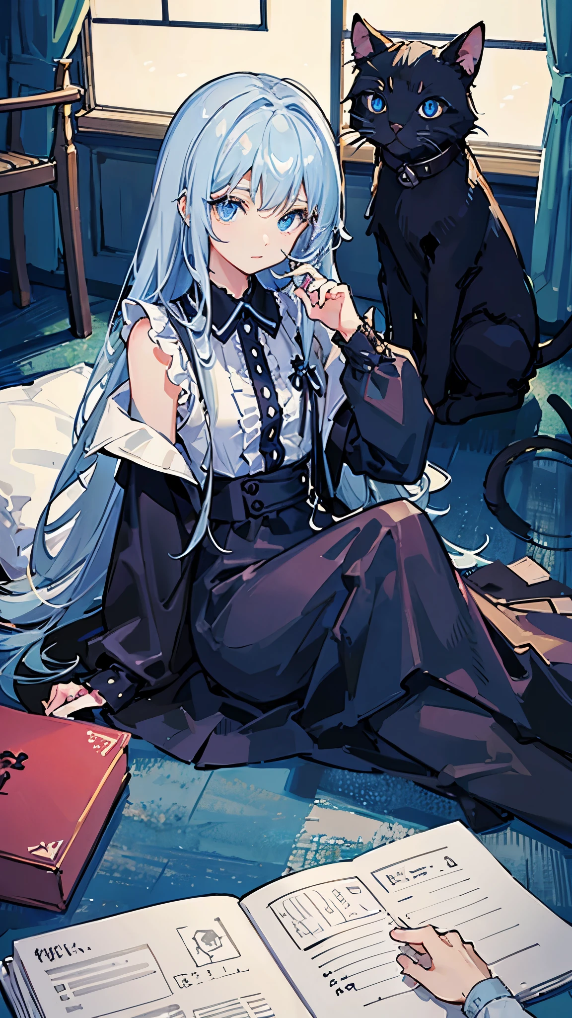 Pitch black cat、Light blue eyes、Curled up alone in the nearby room、Close-up of a cat、The background is night