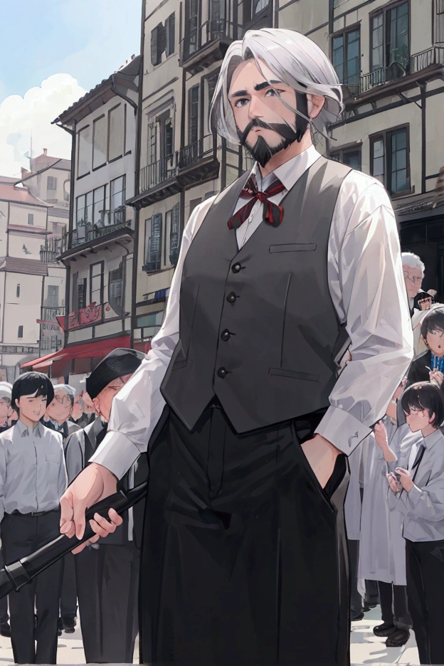Short-haired middle-aged man with grey hair、Dressed as an adventurer、Short Beard、Center Parting、Town Square、In front of a large crowd of residents、Scene reporting danger、