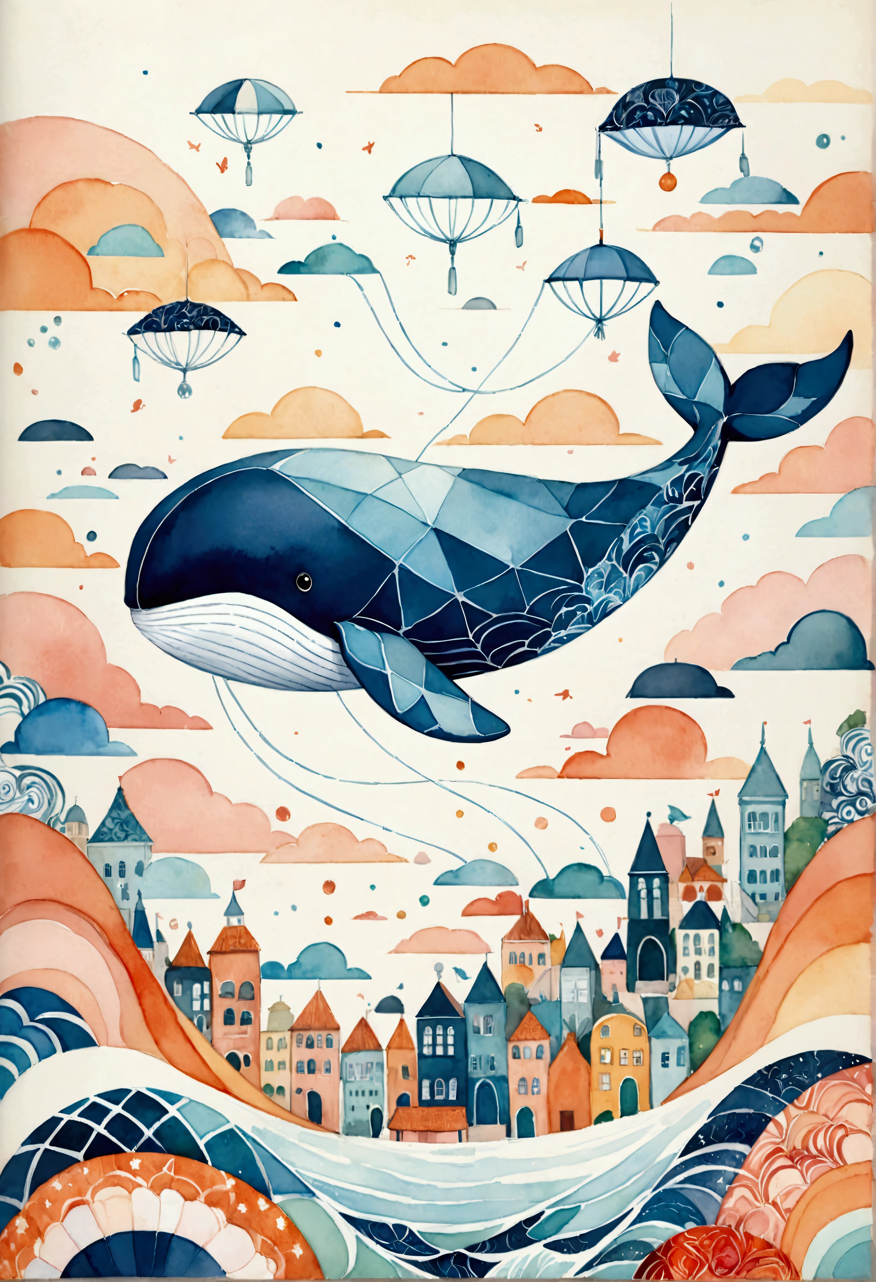 create artistic handmade pieces,This is a dreamy and colorful work that looks like an illustration in a picture book.,Collage using various art materials,A sky pattern drawn by mixing blue and black,watercolor style background,cloth,quilting,Embroidery thread,Looking down on the cityscape painted in white and orange from above,flying whale,Cityscape and sky of a Brazilian city near the sea,BREAK,(Flying Whale:Anatomically Correct Whale:Cute Whale),BREAK,rich expression,Use various patterns such as geometric patterns and traditional patterns,An imaginative dream world,happy dream,artwork,patchwork,intricate details,anatomically correct,perfect anatomy,kind,rich colors,Careful in every detail