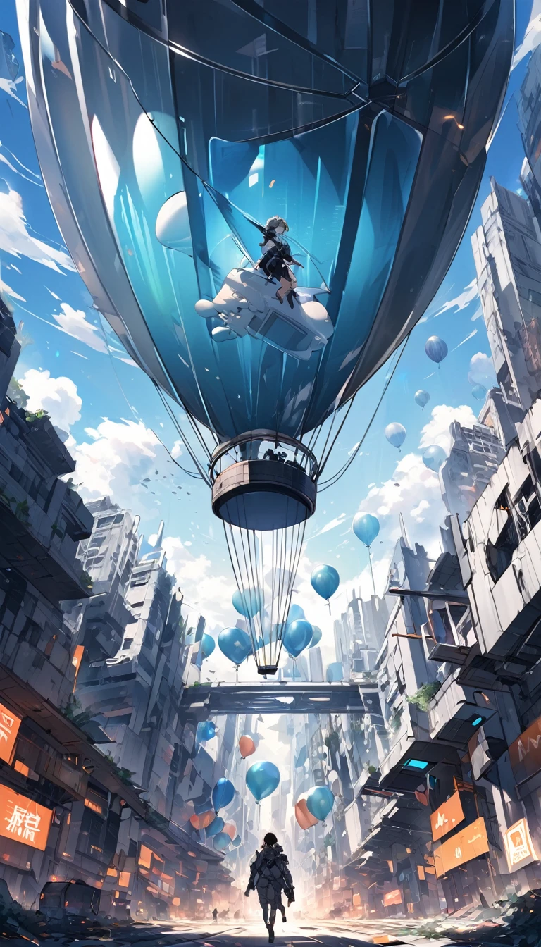 In a war-torn futuristic city, a person encased in a giant futuristic balloon, floating comically in the air.