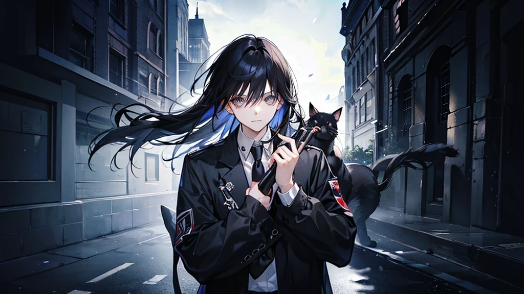 dark eyes, black hair, holding a pistol, public restroom, dark, black uniform, piercing, black cat, Beautiful young man,