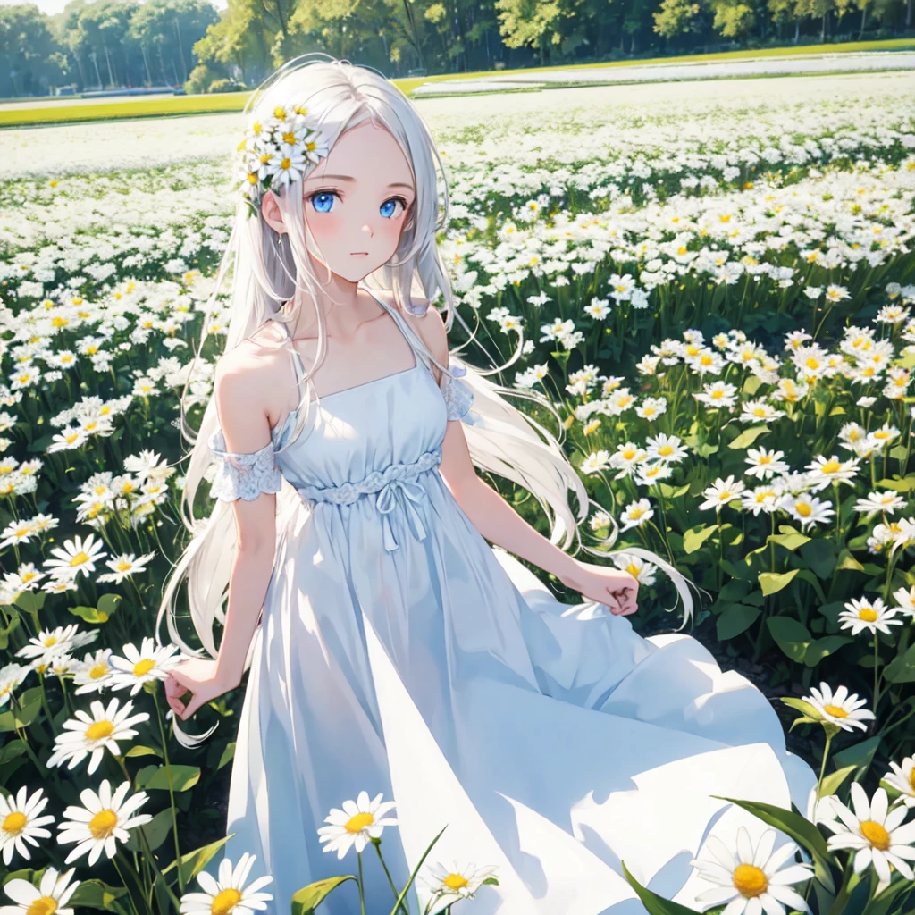 One girl,In the flower field,White flower,View your viewers,blue eyes,Daisy,Long Hair,Pure white dress,