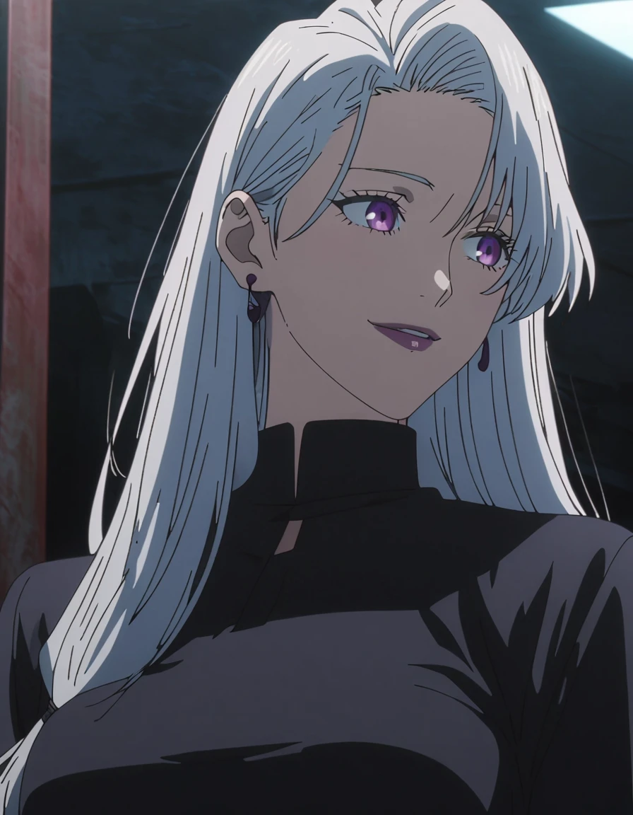 1girl, female gojo satoru, anime screencap from jujutsu kaisen, gojo satoru female version, solo, long_hair, ((purple eyes)) ((White_hair, hair over ear from one side))((slicked hair)) , night view, (hanging breasts) upper_body, smile, indoors, book, lips, (long hair) ((wearing black colour outfit, glossy)) breast, "very detailed and high resolution" (purple eyes) ((solo)) (((front view))) (earings) ((high resolution)) ((good quality)) ((silky hair, hair over ear from one side))((hair slicked)) ((shy))
