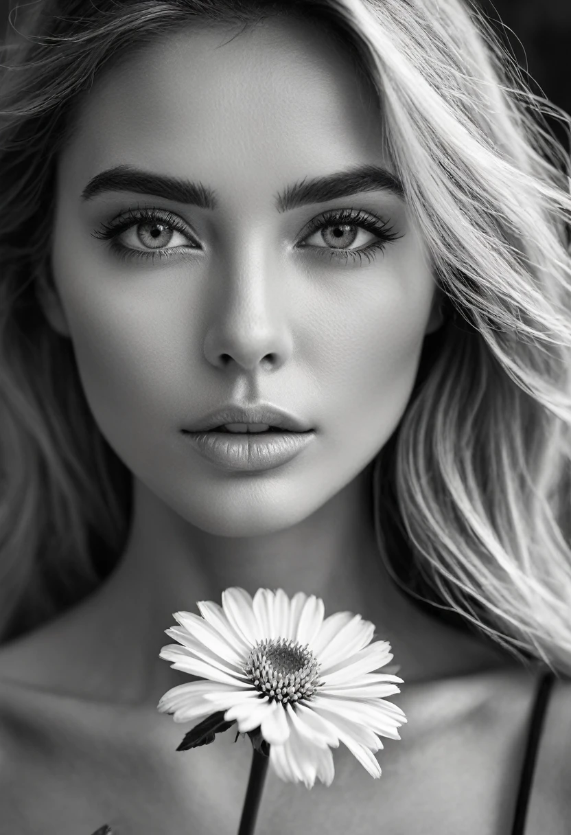 A black and white photo in raw format, zooming in on the intricate details of a woman's face, revealing the delicate lines of her skin and the depth of her expressive eyes. Frame the shot with a solitary striking flower, delicately held in the woman's hand, adding a touch of softness and femininity to the composition, enhancing the dramatic contrast and textures of the monochrome image.