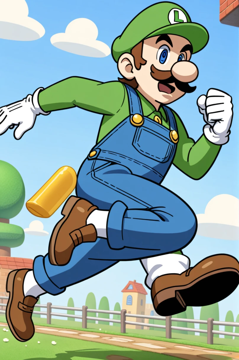 1Luigi , large mustache, green shirt, blue overalls with yellow buttons, white gloves, and brown shoes running and jumping