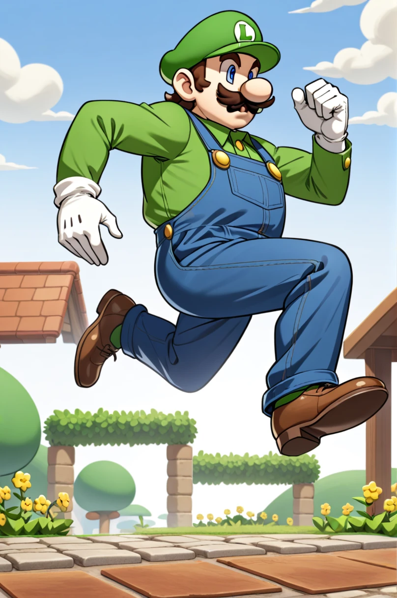 1Luigi , large mustache, green shirt, blue overalls with yellow buttons, white gloves, and brown shoes running and jumping