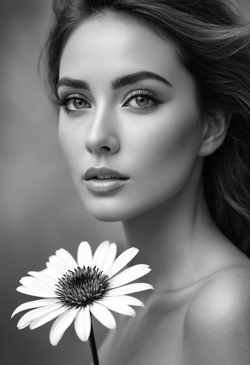 A black and white photo in raw format, zooming in on the intricate details of a woman's face, revealing the delicate lines of her skin and the depth of her expressive eyes. Frame the shot with a solitary striking flower, delicately held in the woman's hand, adding a touch of softness and femininity to the composition, enhancing the dramatic contrast and textures of the monochrome image.
