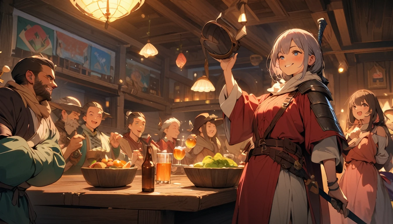 (masterpiece:1.4), (Highest quality:1.4), Very detailed, Complex, Very detailed, shape,Soft lighting, Tavern, More than one personで語り合う, Hopeful Face, smile, More than one person, Mixed gender, a group of adventurers, character from RPG games, (character: human, Fairy, Fairy, Dwarf, The Hobbit), (exterior: Swordsman Style, Shaman Style, Monk Style, Magician style), (belongings: Long sword, dagger, Holy Staff, Magic wand, shield, metal armor, Leather Armor), Perfectly accurate anatomical shape、All limbs intact、Perfect full finger, Colorful characters, Drinking alcohol and getting drunk, Dancing drunk,Huge, Majestic, Uplifting expressions, みんなのsmileが素晴らしい.