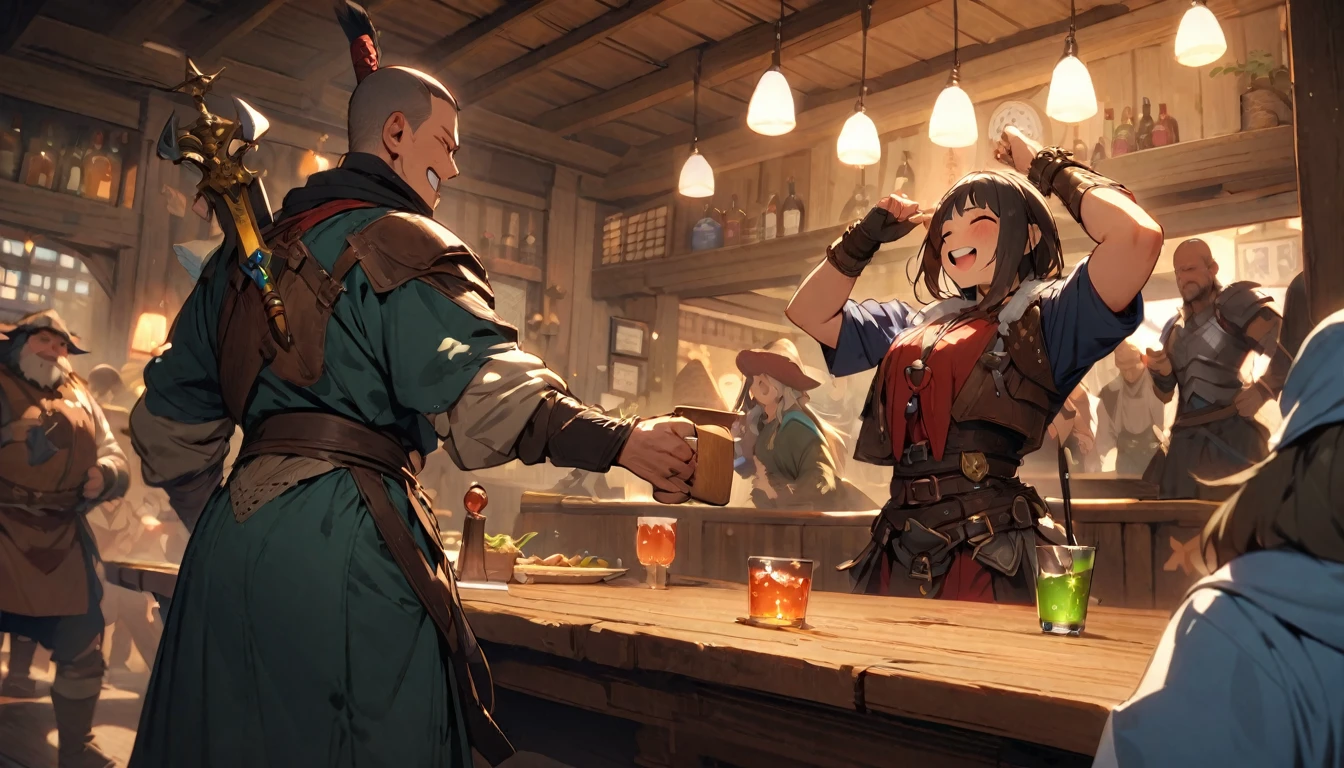 (masterpiece:1.4), (Highest quality:1.4), Very detailed, Complex, Very detailed, shape,Soft lighting, Tavern, More than one personで語り合う, Hopeful Face, smile, More than one person, Mixed gender, a group of adventurers, character from RPG games, (character: human, Fairy, Fairy, Dwarf, The Hobbit), (exterior: Swordsman Style, Shaman Style, Monk Style, Magician style), (belongings: Long sword, dagger, Holy Staff, Magic wand, shield, metal armor, Leather Armor), Perfectly accurate anatomical shape、All limbs intact、Perfect full finger, Colorful characters, Drinking alcohol and getting drunk, Dancing drunk，Huge, Majestic, Uplifting expressions, みんなのsmileが素晴らしい.