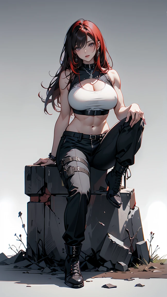 Highest quality、masterpiece、8k、Realistic、超High resolution、Very delicate and beautiful、High resolution、Fantasy World、Muscle Girl、Thick muscular body、Six Pack、Perfect female body、Beautiful woman、Mature Woman、Red hair、Unkempt long hair、Attractive body、Large Breasts、Big Breasts、Big Tits、Black military uniform、Tank top、I can see your belly、Black trousers、boots、Sit on the rubble with your legs apart、A mischievous smile、Full body emphasis、Simple background in a single color
