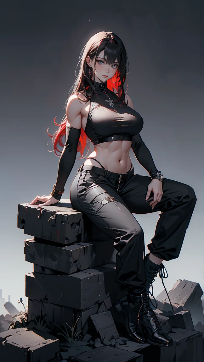 Highest quality、masterpiece、8k、Realistic、超High resolution、Very delicate and beautiful、High resolution、Fantasy World、Muscle Girl、Thick muscular body、Six Pack、Perfect female body、Beautiful woman、Mature Woman、Red hair、Unkempt long hair、Attractive body、Large Breasts、Big Breasts、Big Tits、Black military uniform、Tank top、I can see your belly、Black trousers、boots、Sit on the rubble with your legs apart、A mischievous smile、Full body emphasis、Simple background in a single color