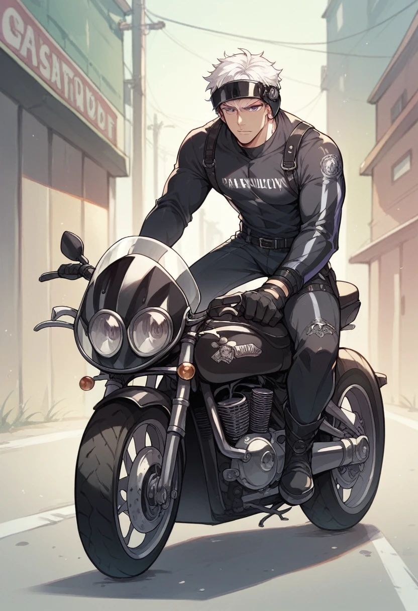 A handsome anime boy taking of his helmet after riding a motorcycle,white hair,dark gangster clothes,black motorcycle, purple eyes