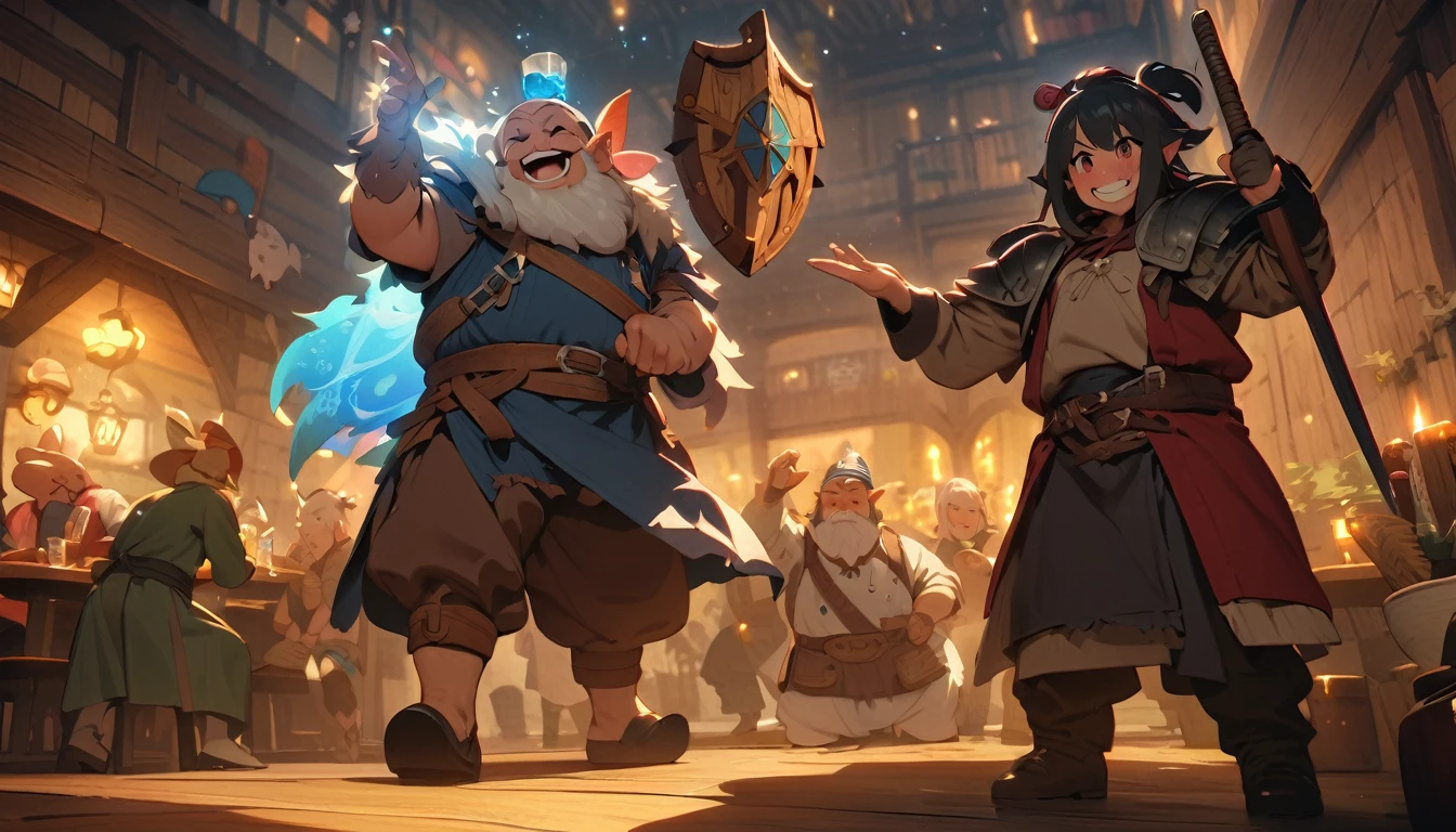 (masterpiece:1.4), (Highest quality:1.4), Very detailed, Complex, Very detailed, shape,Soft lighting, Tavern, More than one personで語り合う, Hopeful Face, smile, More than one person, Mixed gender, a group of adventurers, character from RPG games, (character: human, Fairy, Fairy, Dwarf, The Hobbit), (exterior: Swordsman Style, Shaman Style, Monk Style, Magician style), (belongings: Long sword, dagger, Holy Staff, Magic wand, shield, metal armor, Leather Armor), Perfectly accurate anatomical shape、All limbs intact、Perfect full finger, Colorful characters, Drinking alcohol and getting drunk, Dancing drunk,Huge, Majestic, Uplifting expressions, みんなのsmileが素晴らしい.