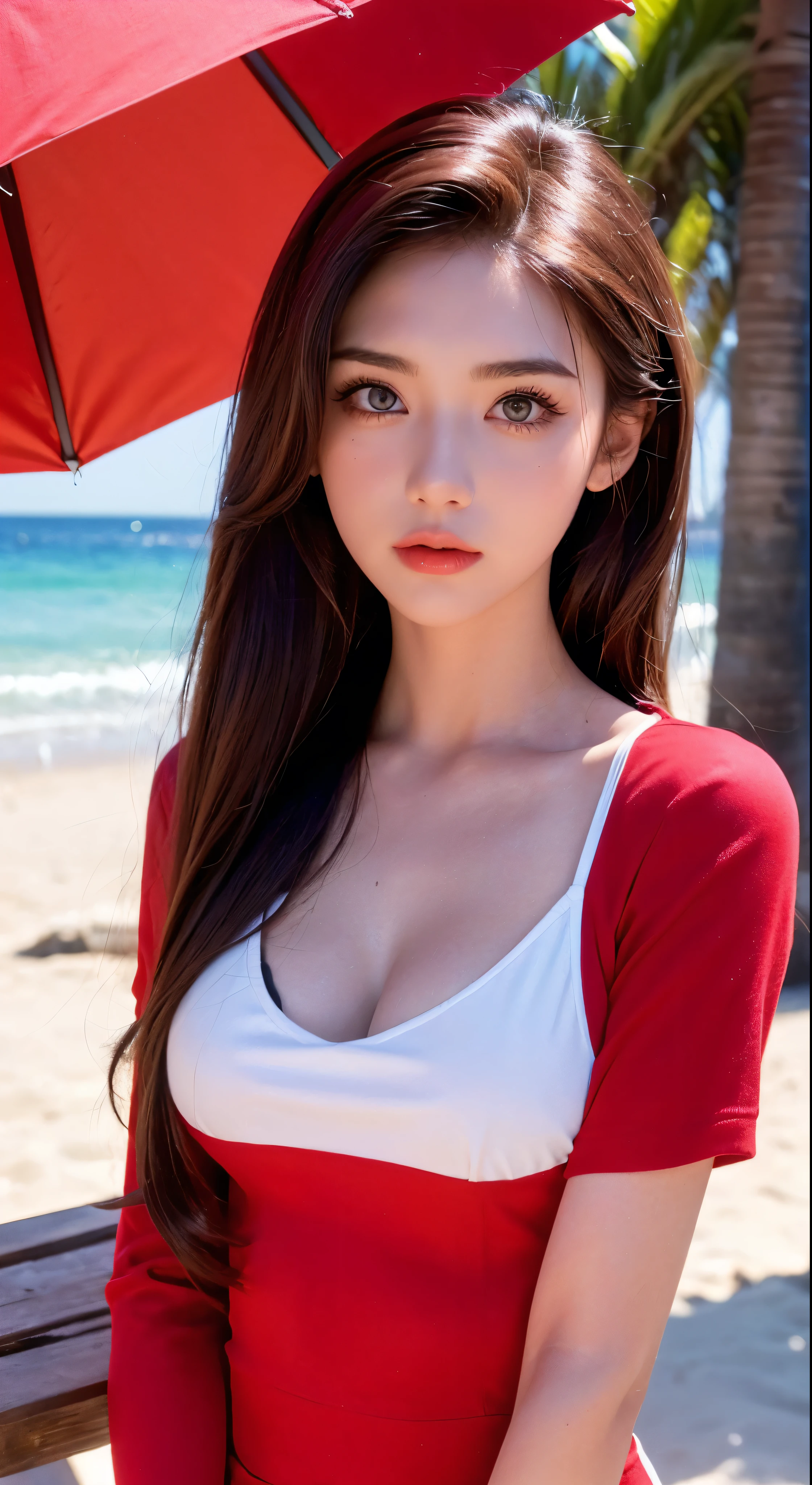 with high definition images，(Sharp Focus:1.2)、photograph、Attractive Young Woman、(Beautiful Face:1.1)、Detailed eyes、Luscious Lips、(Cat eye makeup:0.85)、(Big eyes:1.0)、(Toned body:1.2)、(19９Hair of the 0s:1.2)、(Beach:1.2)Red(Clothes from the 1990s:1.2)I am wearing。Depth of written boundary、4K、HDR。Created by Ghibli Studio。