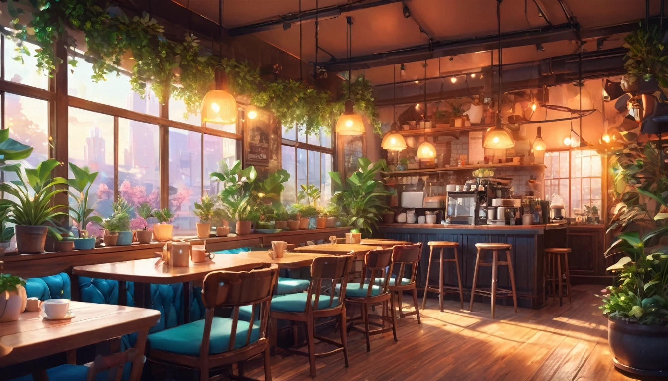 workspace ,Anime Style, level, The interior of the coffee shop is painted with exquisite detail and vibrant colors.. Delicate steam rises from a hot coffee cup on a table, The seats have soft cushions, Lots of potted plants, Create a cozy and inviting atmosphere. Soft lighting casts a warm, beautiful glow over the dreamy scene, It's evening, An ideal place to relax and escape from reality. (Prompts B and C) Anime Style coffee shop interior, Steaming hot coffee on the table, Creating a cozy space, Beautiful and dreamy atmosphere. (High resolution, 8k) Highly detailed anime illustration of a coffee shop interior, Display a hot cup of coffee on a table, Create a warm and cozy atmosphere
