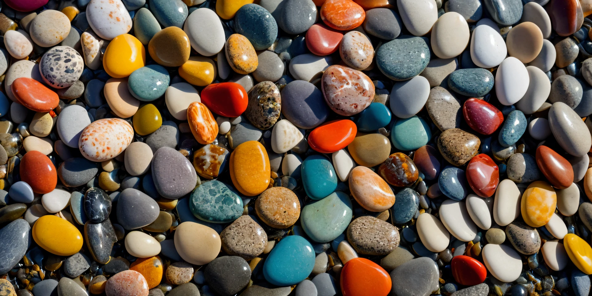Image of shiny colorful beach pebbles on clear sea water that is beautiful and warm and natural for background or wallpaper
