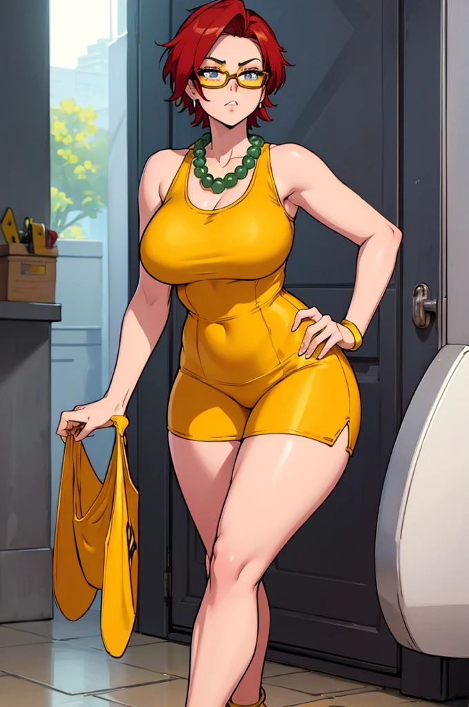 Janin, hot sexy female with short red hair and green glasses, yellow bead necklace, yellow tank top, yellow stockings, thick legs, big tits