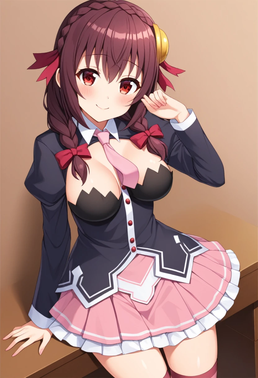alone, One girl, Yunyun, smile, View your viewers, Crown braids of the same color as your hair, Red Eyes、hair ornaments, Hair Ribbon, Pink tie, Long sleeve, Pink Skirt, Knee socks, Cleavage, NSFW