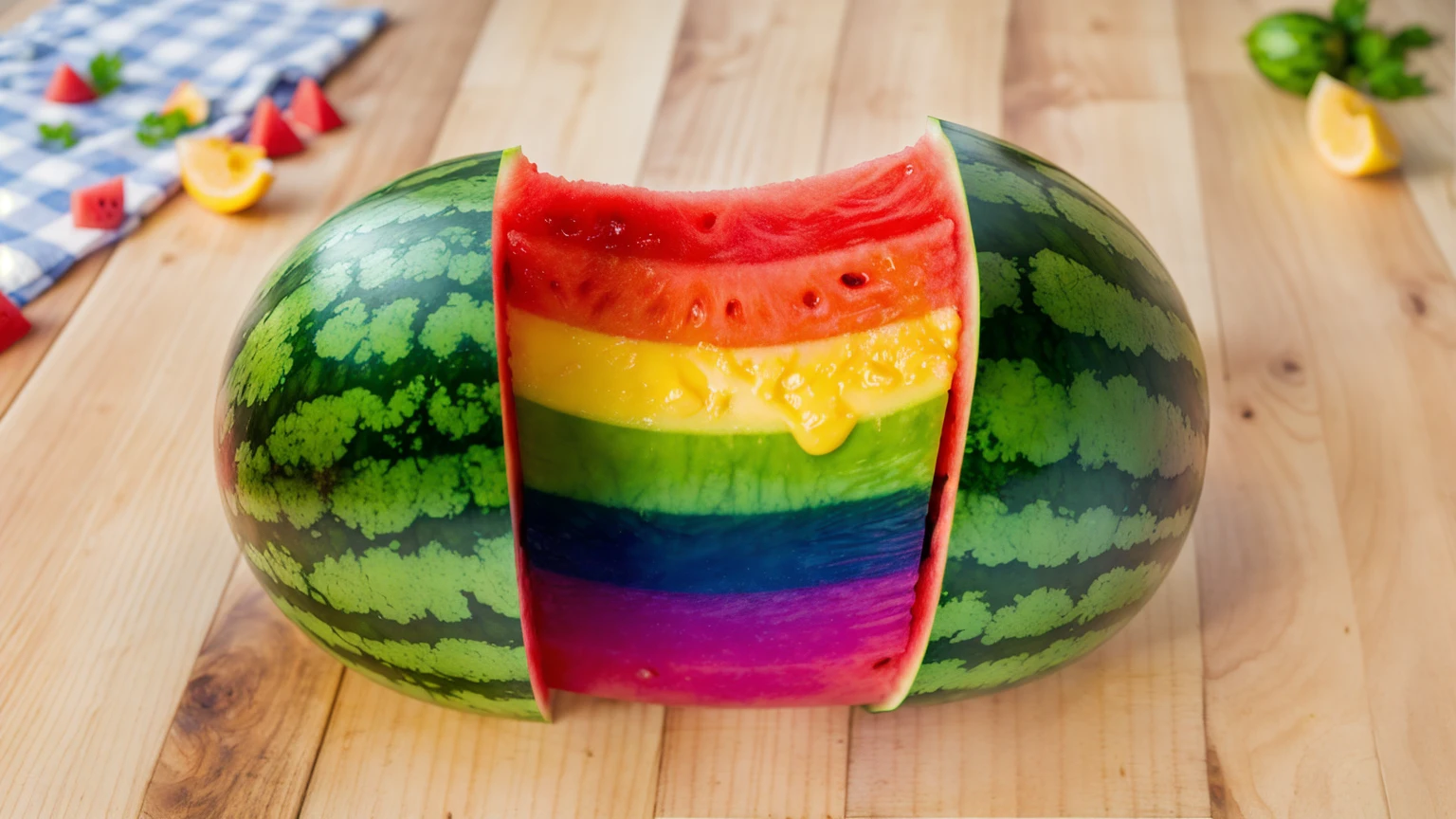 on a wooden table, Watermelon divided into two parts, Rainbow cream flows out of watermelon rind, bright lighting, Realistic style , realistic texture, detailed texture, a high resolution, high quality, macro photography 