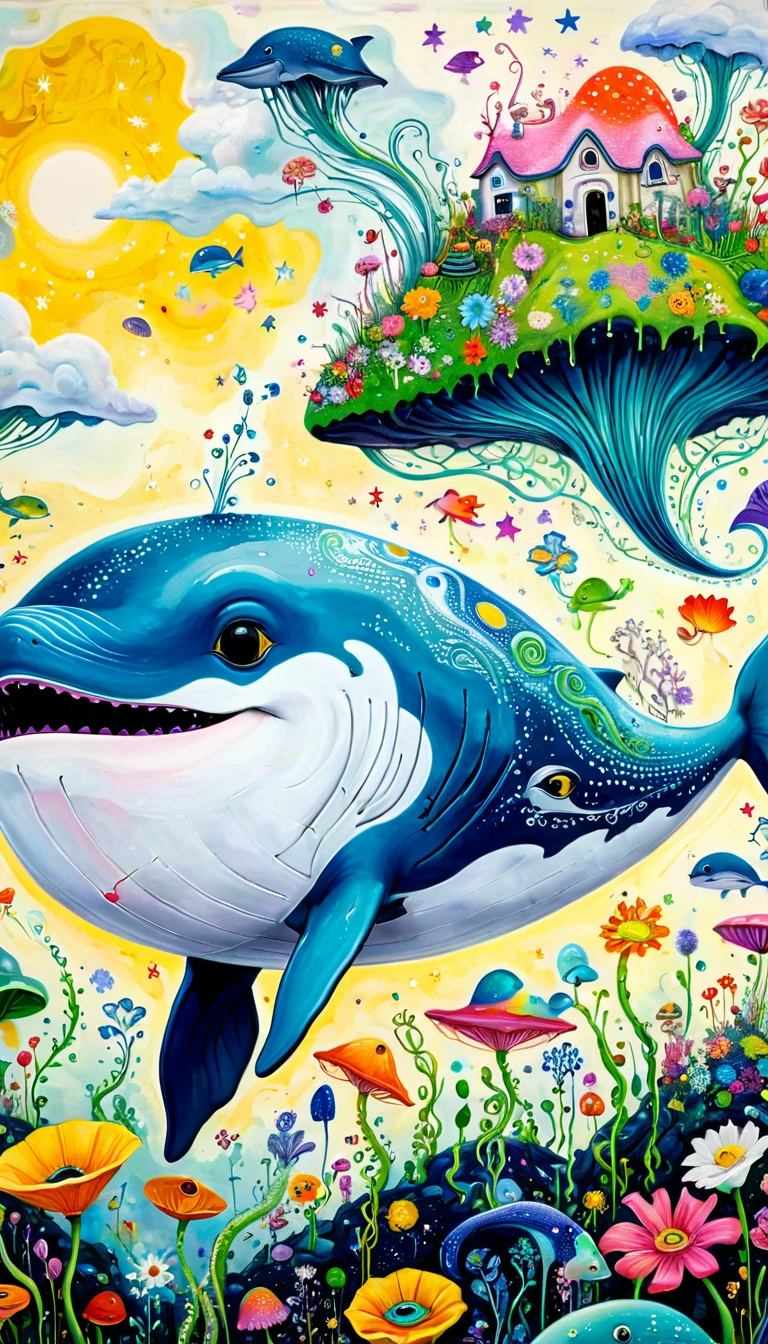 ren's graffiti,Thick coating，Concave and convex texture，Oil pastel strokes：Artists from the stars，Flying Whale:1.37、White Cloud、flowesh、Tentacles、bird、(((Eye)))、diatom，Abstract mosaic painting，Describing the inner world of autistic people，Large area of white，interesting，Innocence，Vision，Psychedelic Art，

