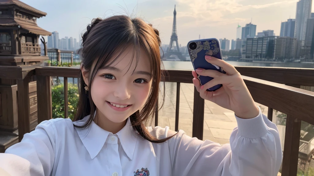 ((Highest quality)), ((masterpiece)), (detailed), One girl, Happy to see the smartphone,20th Generation、smile