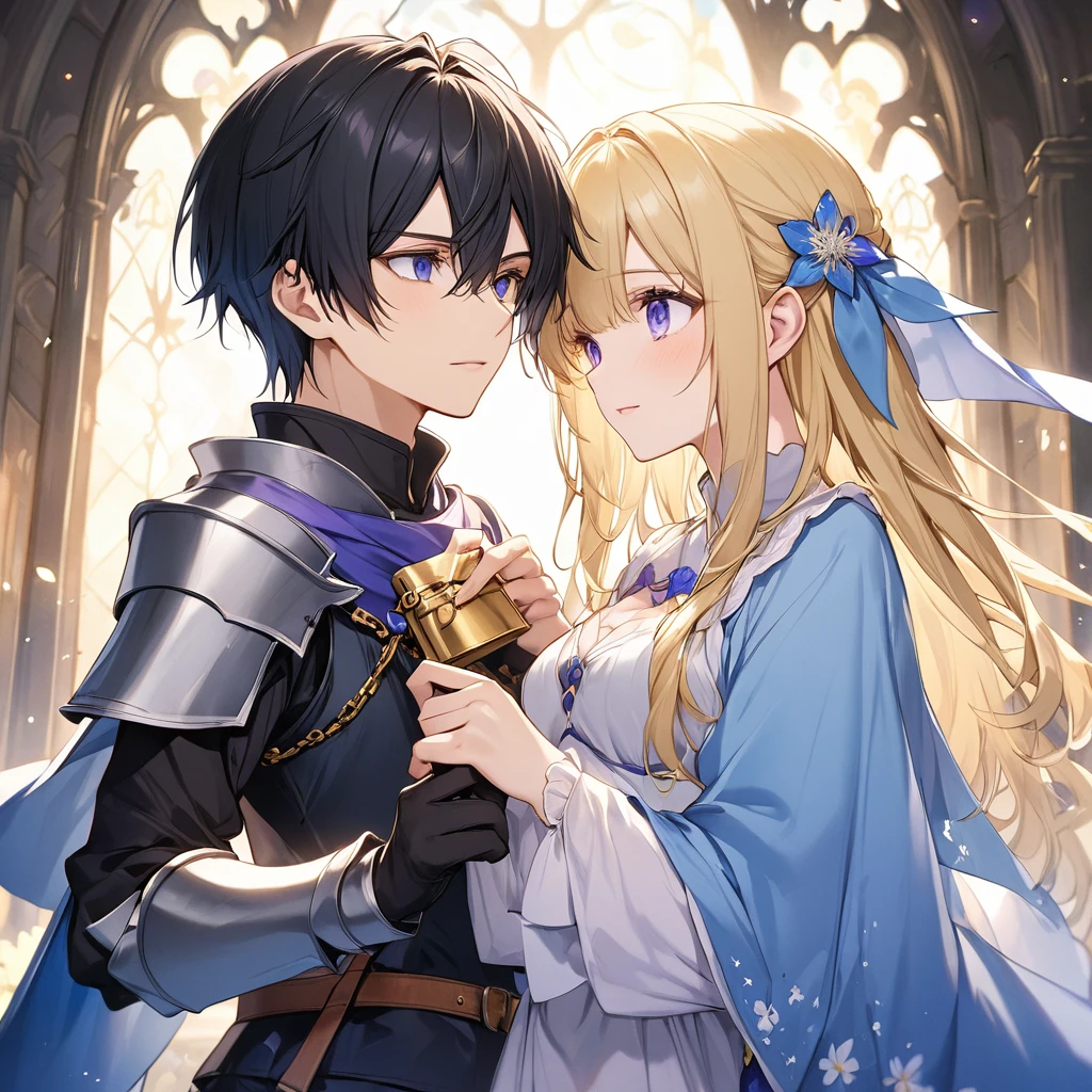 Two people、Boy and Girl、(Beautiful blonde boy with blue eyes、knight)、(A girl with short black hair and purple eyes、A delicate and beautiful wizard)、A boy takes a lock of a girl's hair and kisses it