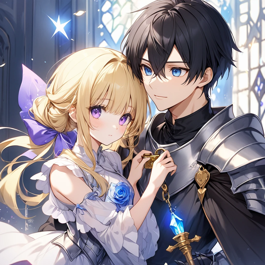 Two people、Boy and Girl、(Beautiful blonde boy with blue eyes、knight)、(A girl with short black hair and purple eyes、A delicate and beautiful wizard)、A boy takes a lock of a girl's hair and kisses it