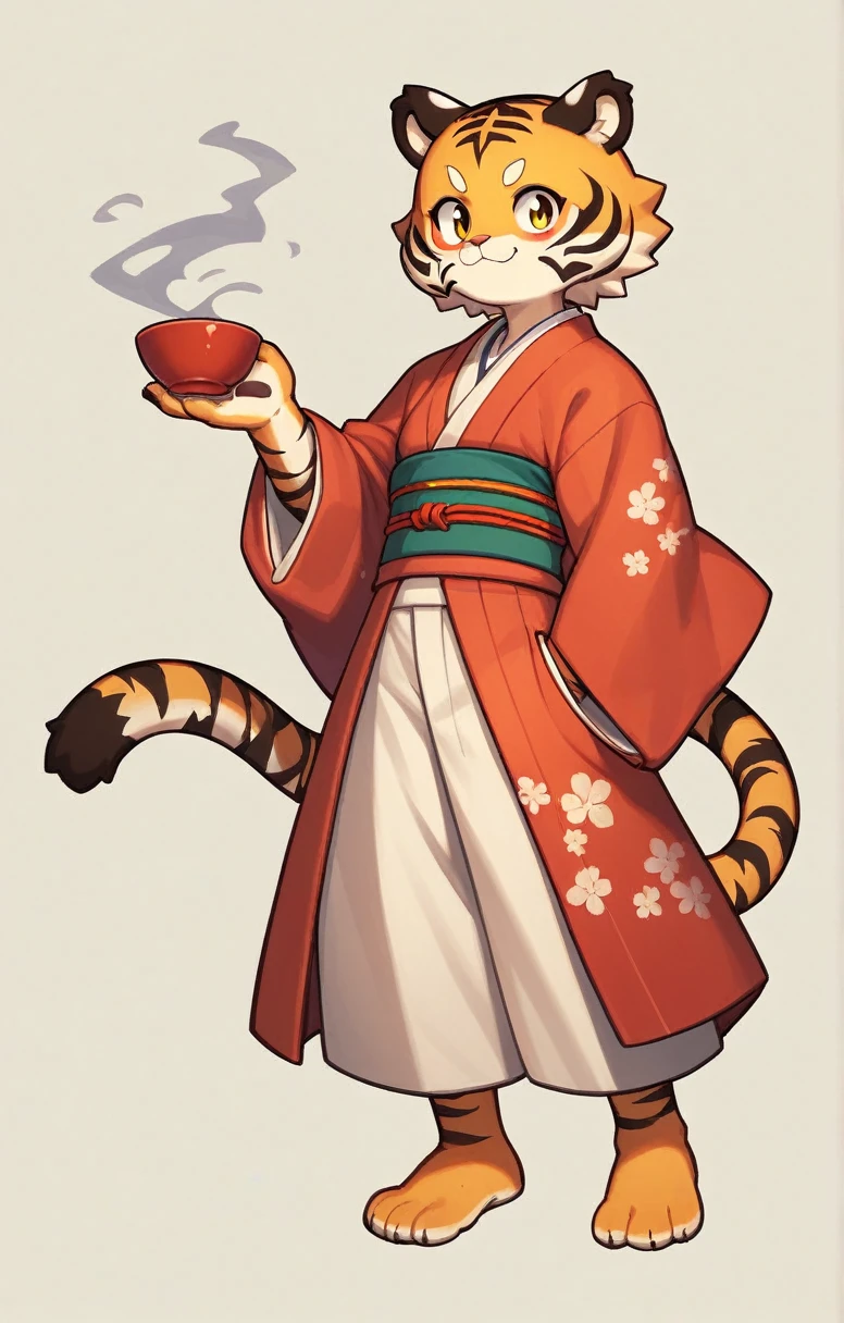 the (manga or anime) character ,((furry tiger girl)) , wearing (Japanese clothes) and (袴), ((don't have anything)) , (A cup), full body --ar 4:7 --s 40