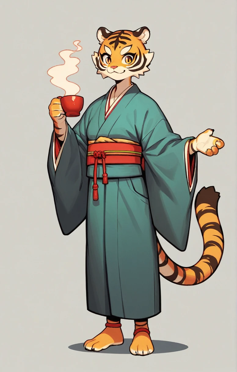 the (manga or anime) character ,((furry tiger girl)) , wearing (Japanese clothes) and (袴), ((don't have anything)) , (A cup), full body --ar 4:7 --s 40