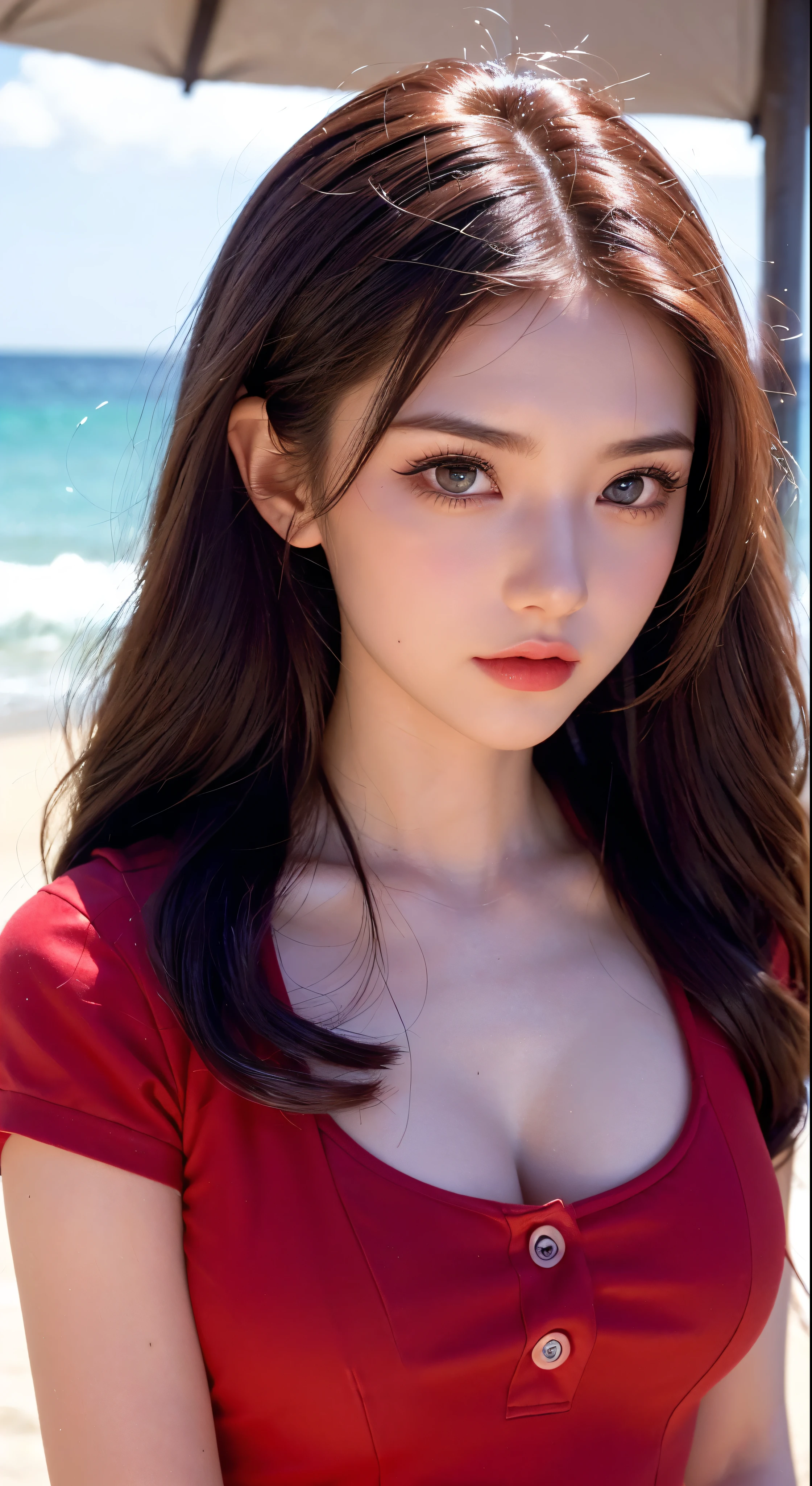 with high definition images，(Sharp Focus:1.2)、photograph、Attractive Young Woman、(Beautiful Face:1.1)、Detailed eyes、Luscious Lips、(Cat eye makeup:0.85)、(Big eyes:1.0)、(Toned body:1.2)、(19９Hair of the 0s:1.2)、(Beach:1.2)Red(Clothes from the 1990s:1.2)I am wearing。Depth of written boundary、4K、HDR。Created by Ghibli Studio。