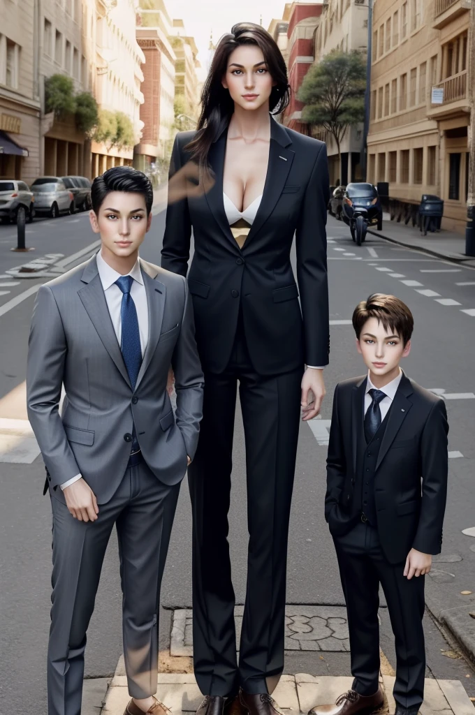 Tall wife in the middle, short husband in the left, short son in the right, beautiful faces, wife is wearing suit and pants, wife has big , wife is showing cleavage, wife is ripped, wife's suit has a belly button cutout, wife has ripped visible abs, make the girls even more taller than the boys, boys are very thin and weak, boys wearing suit and pants, wife is standing barefoot, boys are wearing office shoes