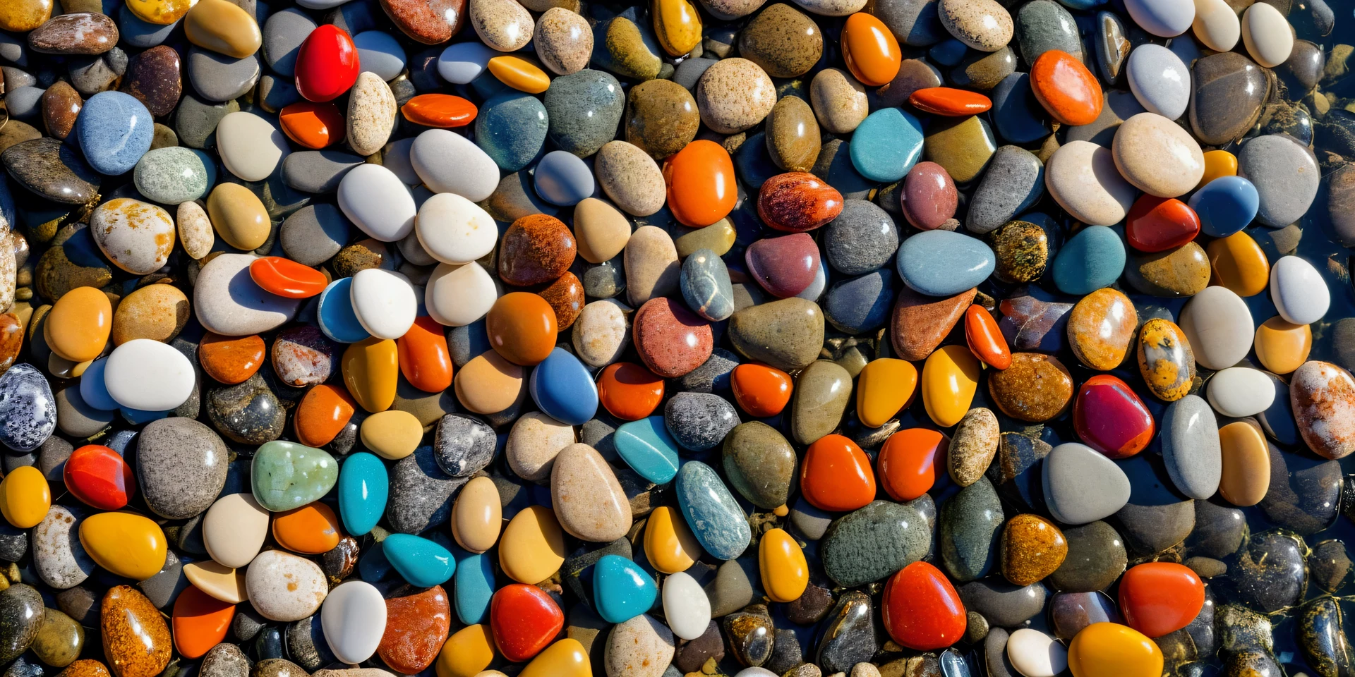Image of shiny colorful beach pebbles on clear sea water that is beautiful and warm and natural for background or wallpaper