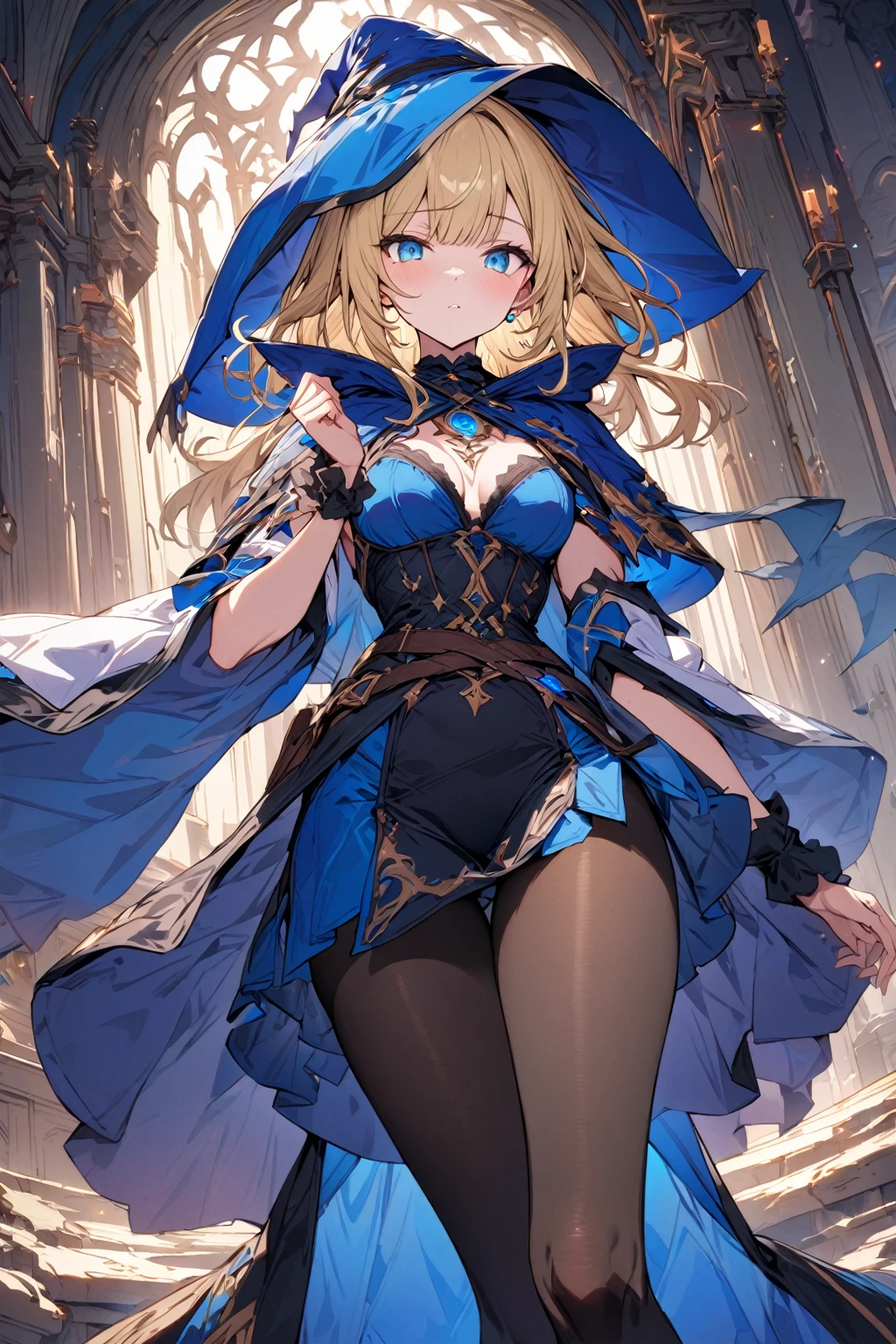 a handsome girl, solo, masterpiece, best quality, ultra detailed, blonde, blue bright eyes, bangs,
fantasy, wizard outfit, tights