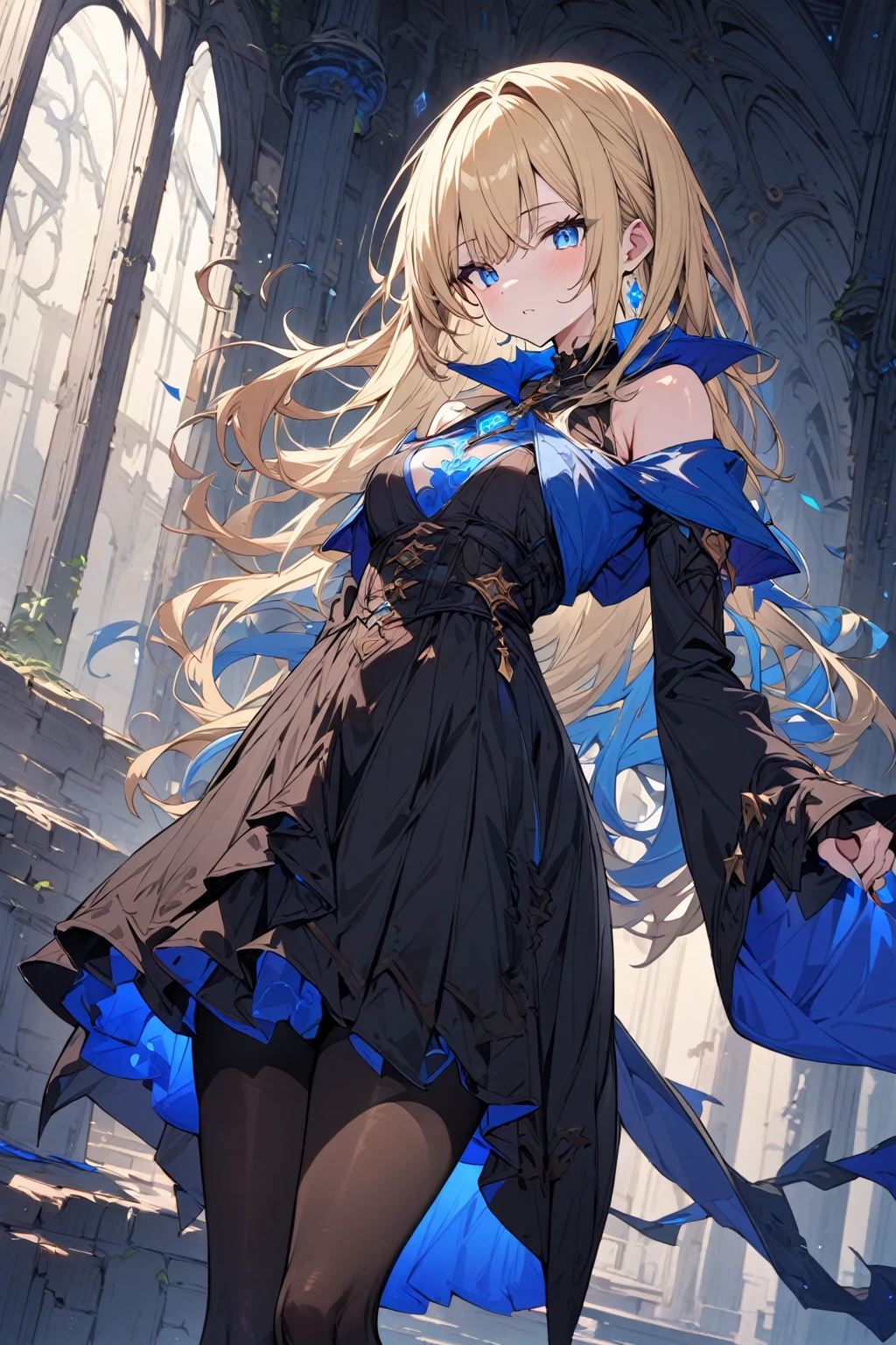 a handsome girl, solo, masterpiece, best quality, ultra detailed, blonde, blue bright eyes, bangs,
fantasy, wizard outfit, tights