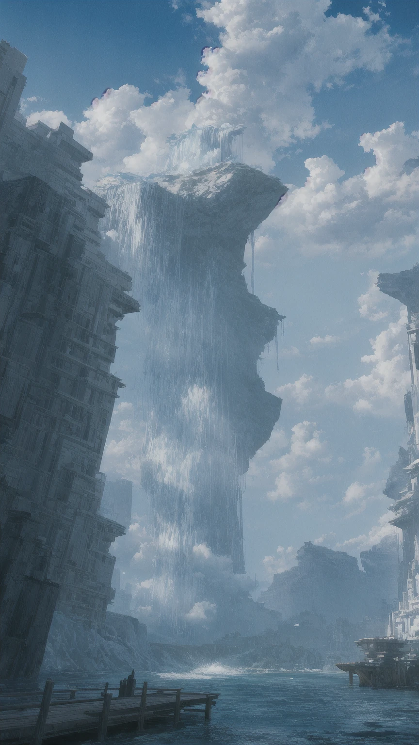 Concept Art, No humans, scenery, water, null, Day, wood, cloud, waterfall, Outdoor, building, nature, river, blue null