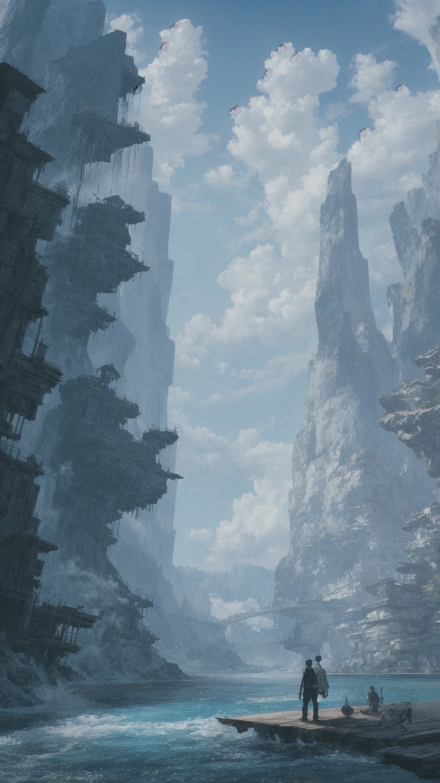 Concept Art, No humans, scenery, water, null, Day, wood, cloud, waterfall, Outdoor, building, nature, river, blue null