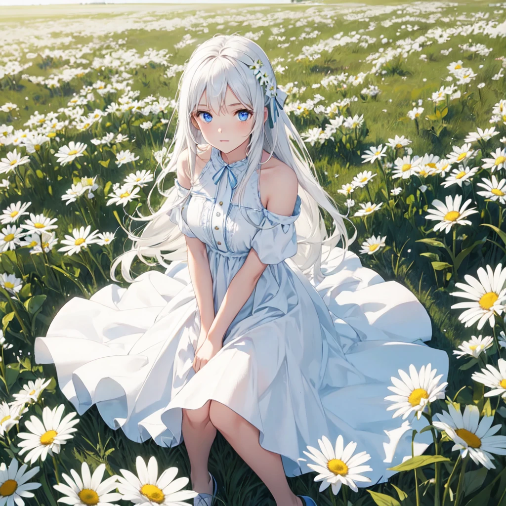 One girl,In the grassland,White flower,View your viewers,blue eyes,Daisy,Long Hair,Pure white dress,