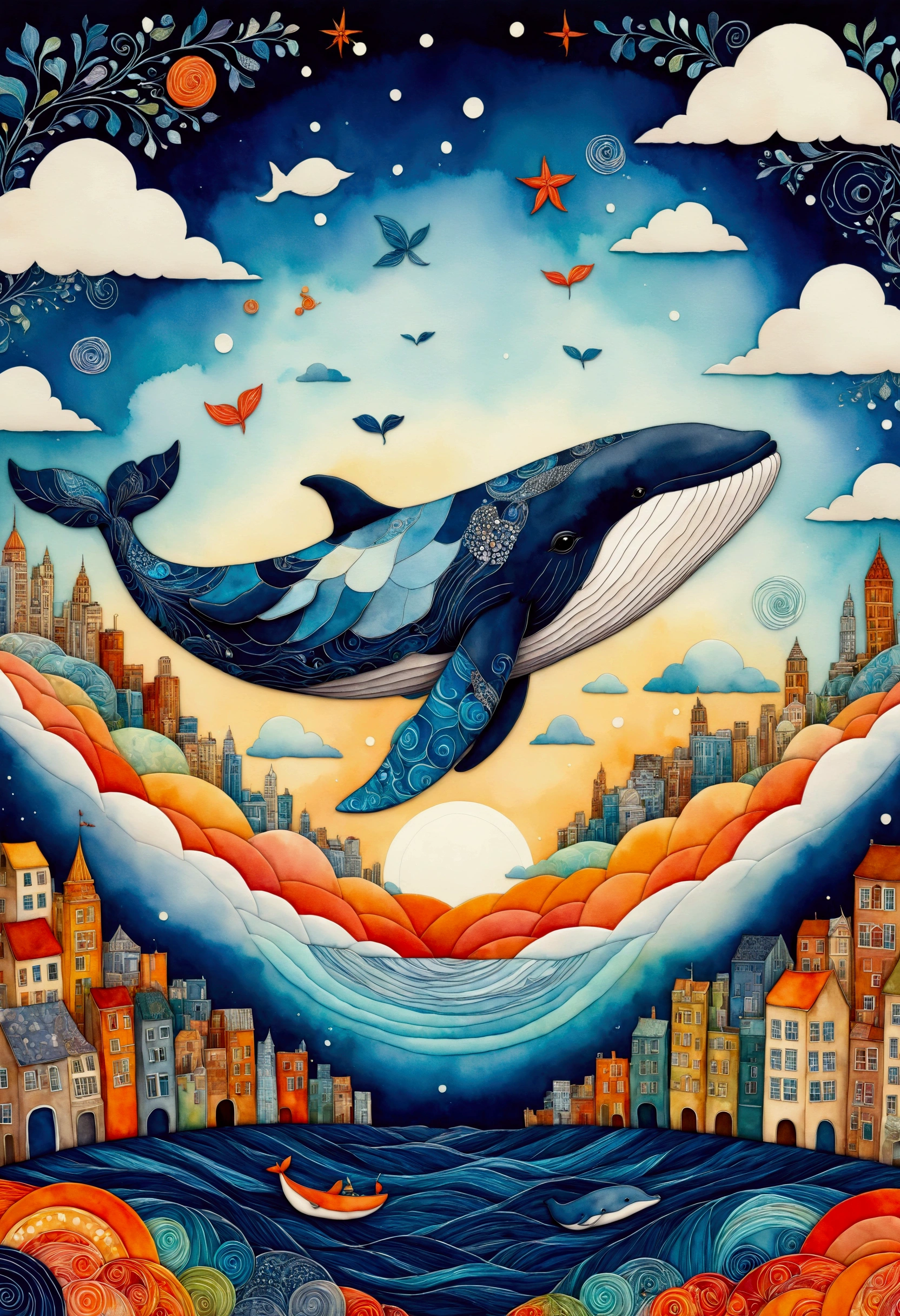 create artistic handmade pieces,This is a dreamy and colorful work that looks like an illustration in a picture book.,Collage using various art materials,A sky pattern drawn by mixing blue and black,watercolor style background,cloth,quilting,Embroidery thread,Looking down on the cityscape painted in white and orange from above,flying whale,Cityscape and sky of a Brazilian city near the sea,BREAK,(Flying Whale: Anatomically Correct Whale: Cute Whale: Baleen Whale: Humpback Whale),BREAK,rich expression,Use various patterns such as geometric patterns and traditional patterns,An imaginative dream world,happy dream,artwork,patchwork,intricate details,anatomically correct,perfect ,kind,rich colors,Careful in every detail,structurally correct