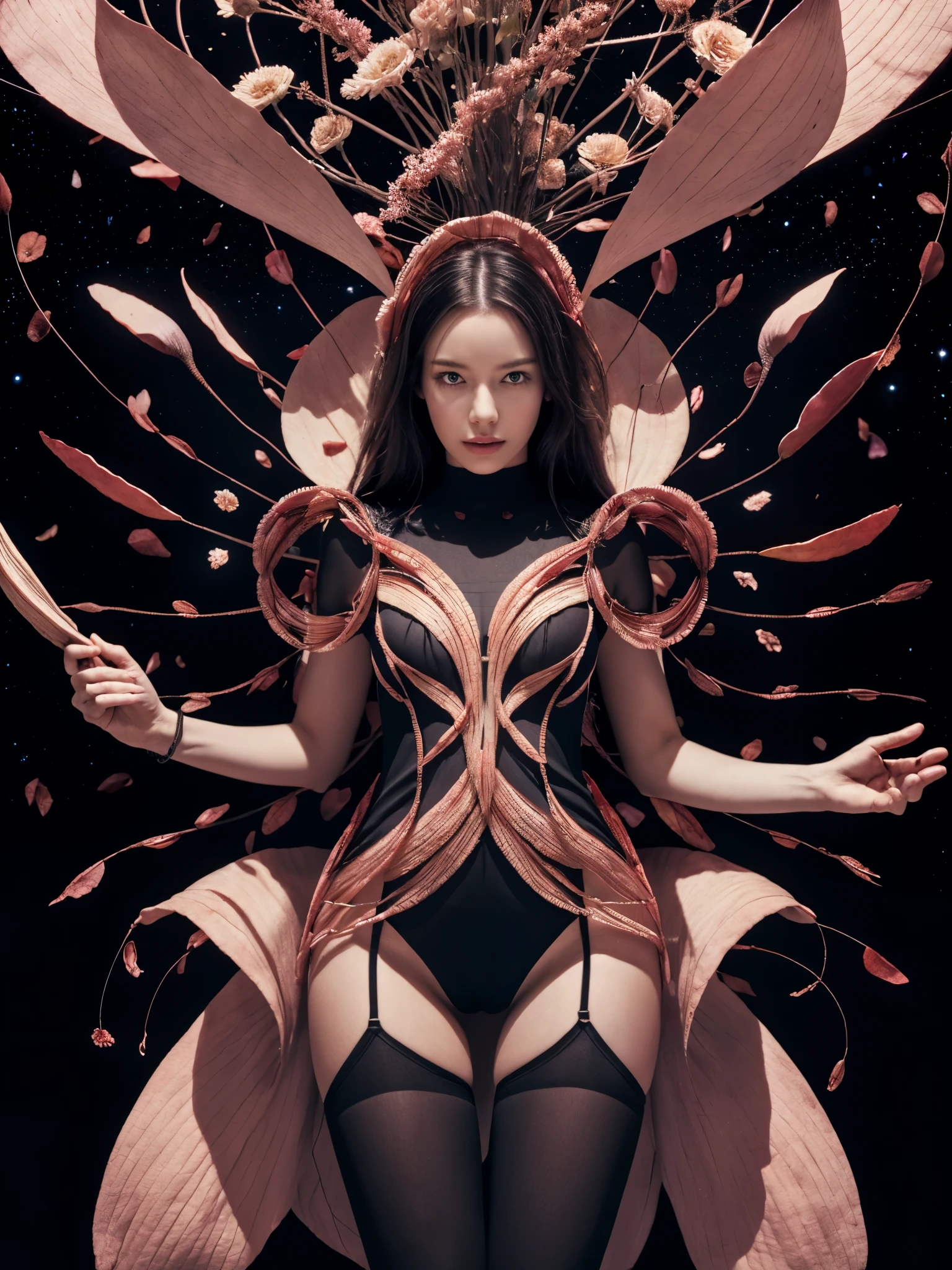 1girl, holding flower, ancient artifacts, (complex petal structure:1.4), flower suit, space background, black and red entanglement, crystal and silver entanglement, (naked:0.8), cinematic contrast lighting,