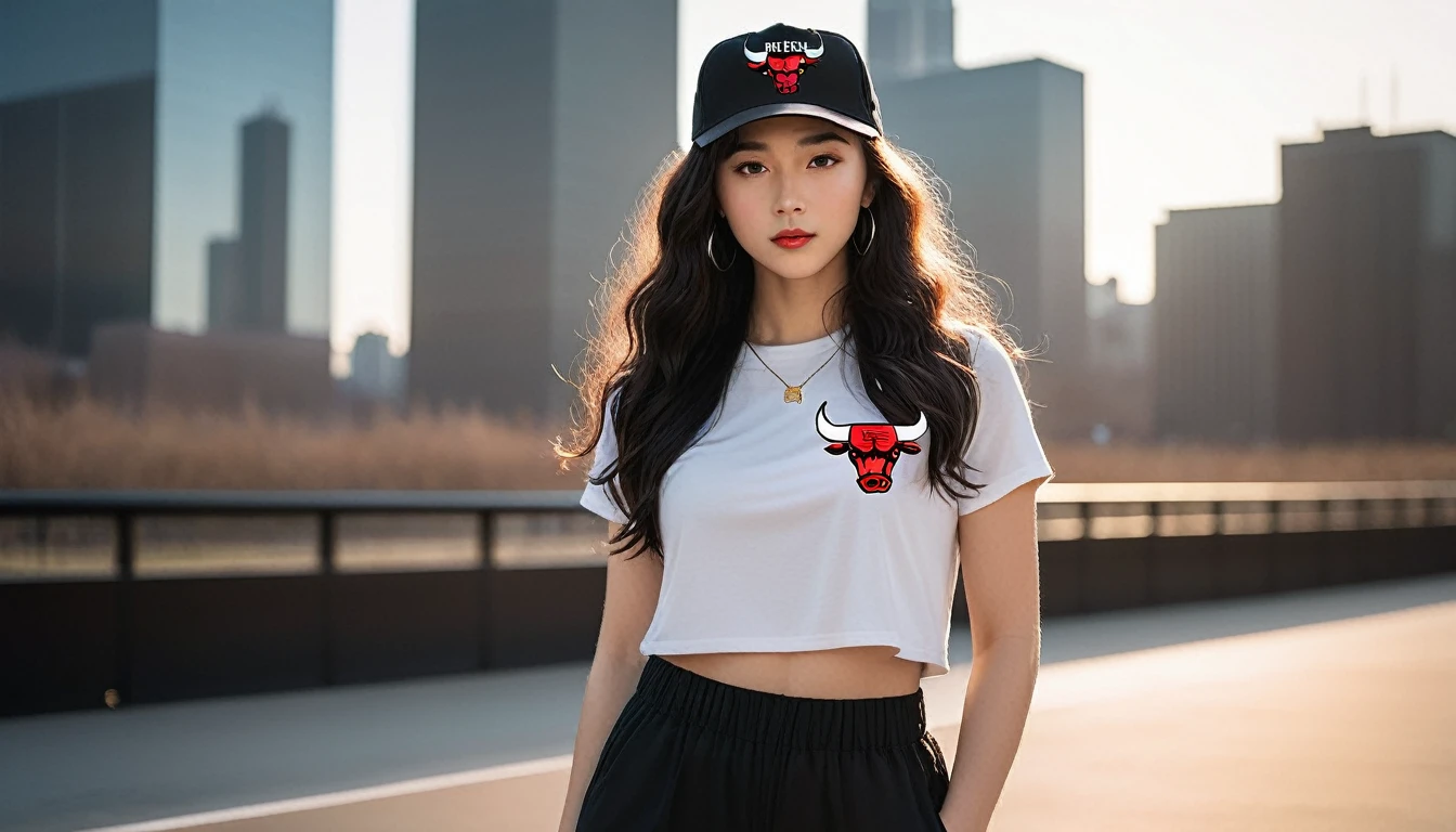 Black hair。Curly perm。Women with freckles。In the background, the evening sun shines on her hair.、background is blurry。Hiphop fashion。Chicago Bulls hat and Nike sneakers。whole body