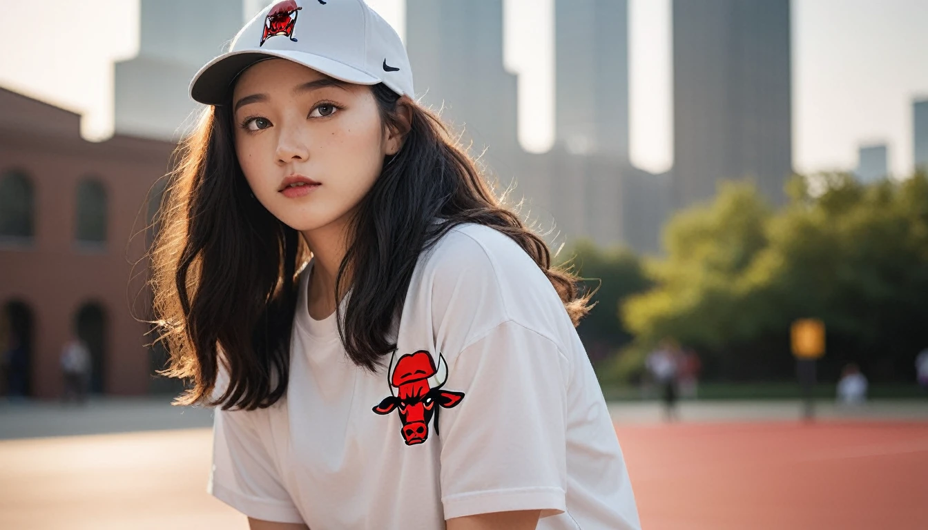 Black hair。Curly perm。Women with freckles。In the background, the evening sun shines on her hair.、background is blurry。Hiphop fashion。Chicago Bulls hat and Nike sneakers。whole body
