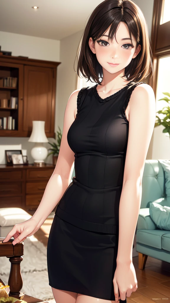 (RAW Photos:1.2), (Realistic:1.4),(Intricate details:1.2),(masterpiece:1.3),(highest quality:1.4), (超High resolution:1.2), Cinema Lighting, 超High resolution,(fine grain), 1 Woman Standing, /(Sleeveless knit shirt/), Mature Woman, /(Black Hair/) bangs, A gentle blushing smile, (Masterpiece Top quality:1.2) Delicate illustrations, super detailed, Big Break /(Modern house living room/)